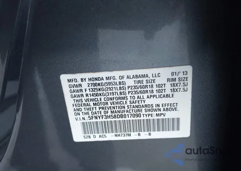 2013 Honda Pilot Ex-L from USA, damaged, VIN 5FNYF3H58DB017090